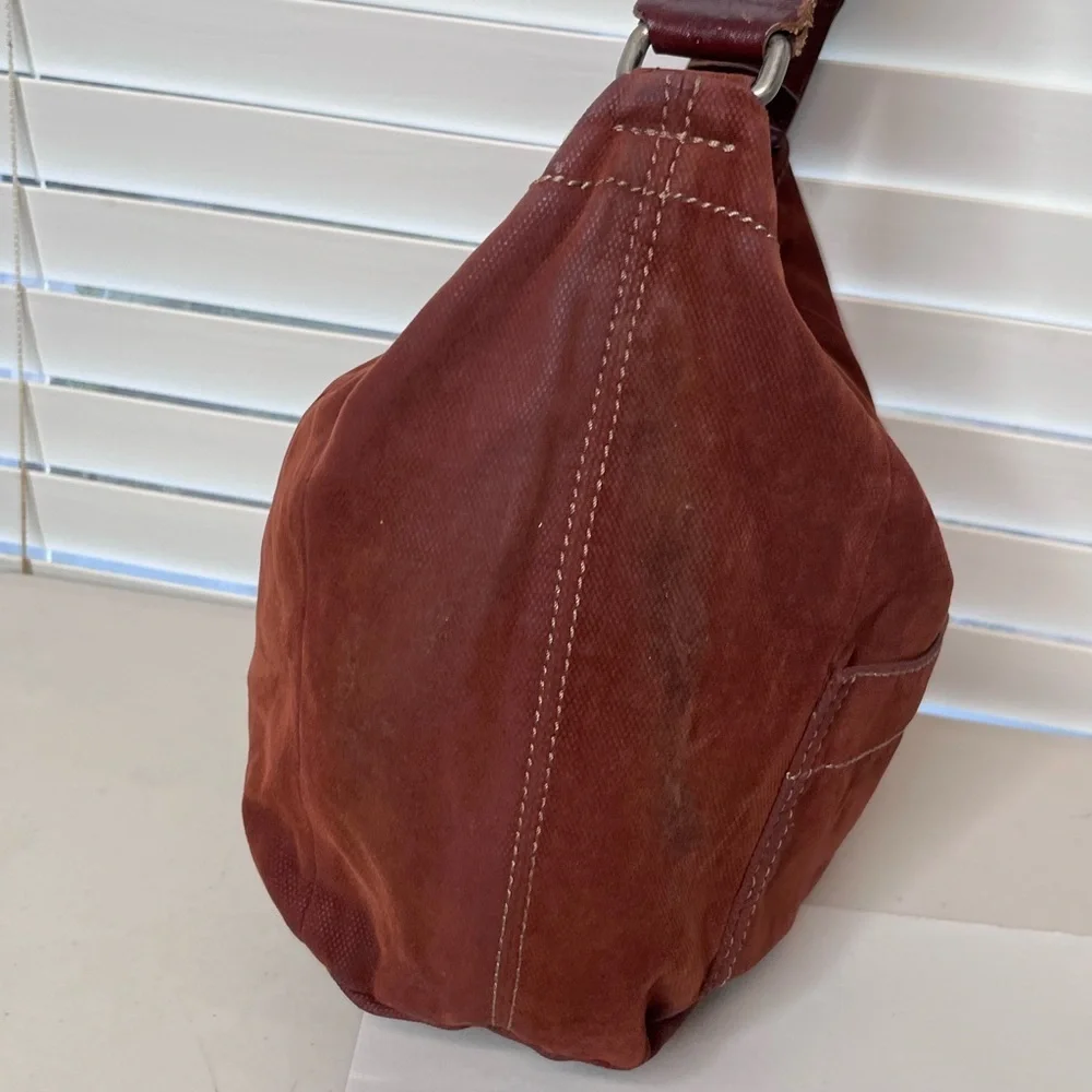 Fossil Rhinestone Buckle Leather Strap Brown Boho Canvas Hobo Bag